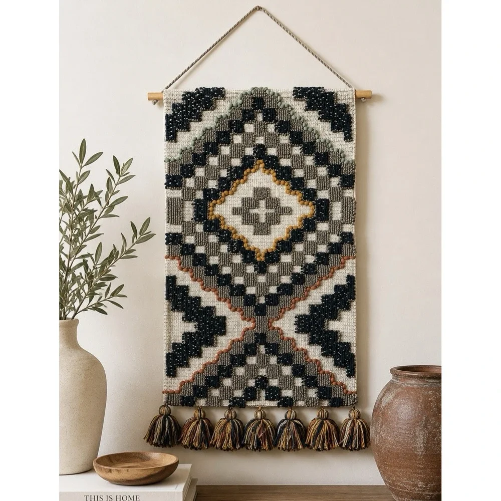 Geometric Tufted Textile Wall Hanging Boho Southwestern Tassel Fiber Art 33